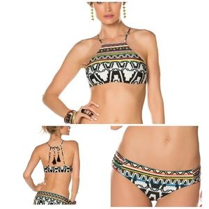 BECCA *Primitive Journey* tribal print strappy hi neck bikini top & bottoms L